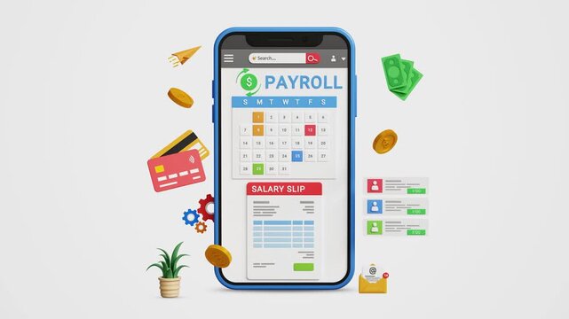 Payroll Management System. Salary Processing, Salary Automation, Payment Scheduling, Online Payroll Software, Fintech, Digital HR Solutions. Payroll Cycle Dashboard with Salary Slip on a Smartphone.3D