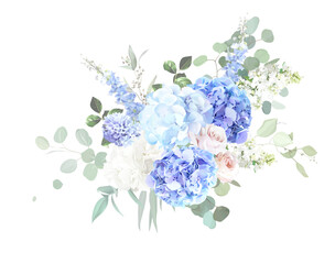 Bridgerton inspired pastel floral vector design bouquet. Blue delphinium, white peony, daisy, magnolia, pink rose, hydrangea, greenery and plants. All flowers and branches are isolated and movable. © lavendertime