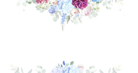 Dusty blue hydrangea, rose, hyacinth, eucalyptus vector frame. Hand painted branches, rose, hydrangea white background. Greenery wedding invitation. Watercolor card. Elements are isolated and editable © lavendertime