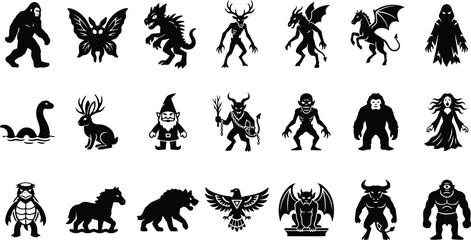 Fototapeta premium Cryptids and Mythological Creatures Silhouette Vector Icon Set