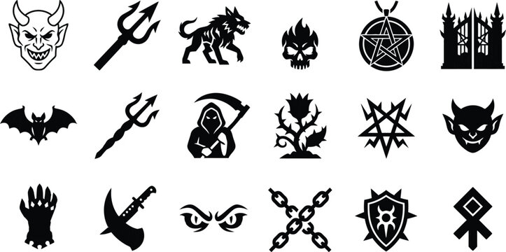Demonic and Dark Magic Occult Silhouette Vector Icon Set