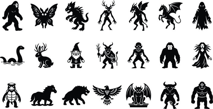 Cryptids and Mythological Creatures Silhouette Vector Icon Set