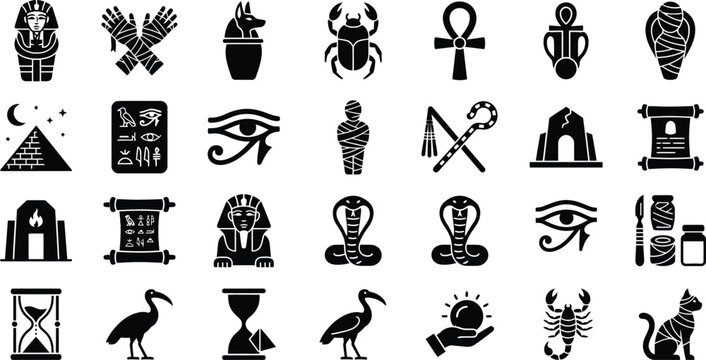 Ancient Egypt Culture and Mythology Silhouette Vector Icon Set