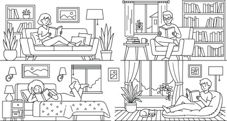 Fototapeta premium People reading books in cozy home interiors including living room bedroom and library line art illustration.