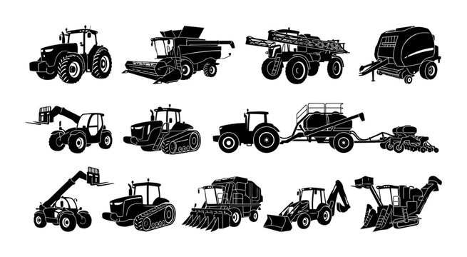 Collection of agricultural vehicle silhouettes featuring tractor combine sprayer baler telehandler crawler tractor forage harvester loader and planter