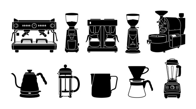 Collection of barista equipment silhouettes featuring espresso machine grinders coffee brewer roaster kettle french press pitcher dripper and blender