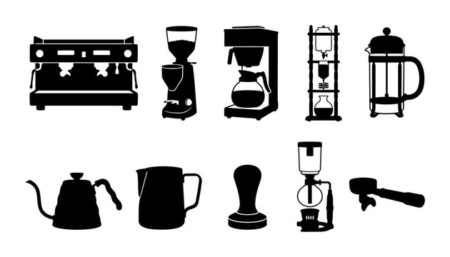 Collection of coffee brewing silhouettes showing espresso machine grinder drip coffee maker siphon french press kettle pitcher tamper and portafilter