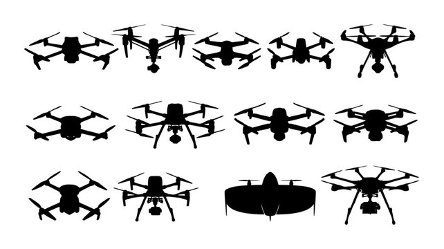 Collection of drone silhouettes showcasing quadcopters camera drones racing drones fixed wing drone and unmanned aerial vehicles
