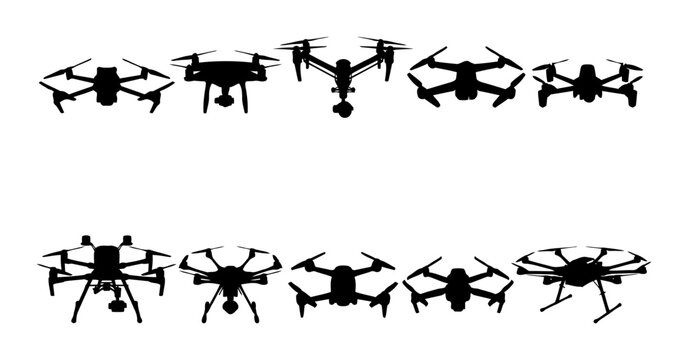 Collection of aerial drone silhouettes featuring quadcopter camera drone UAV hexacopter racing drone and fixed wing aircraft drone
