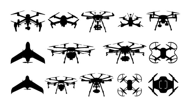 Collection of drone aircraft silhouettes showing camera drones quadcopters fixed wing UAV hexacopter and compact aerial vehicles