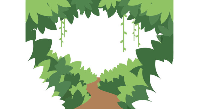 Heart-shaped jungle path with hanging vines, lush green foliage, copy space