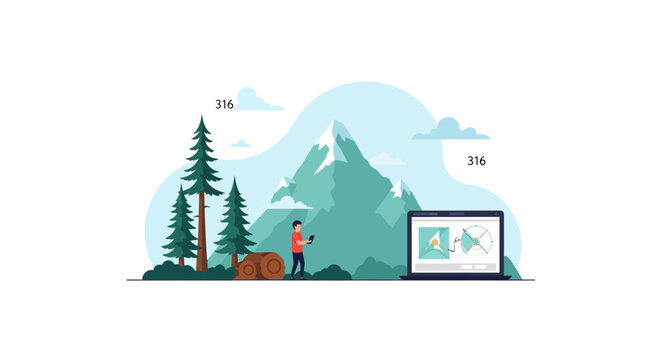 Man with phone in mountain landscape, laptop showing navigation map, outdoor adventure