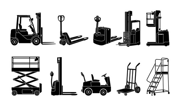 Collection of warehouse equipment silhouettes featuring forklift pallet jack reach truck order picker scissor lift stacker cart ladder and platform lift