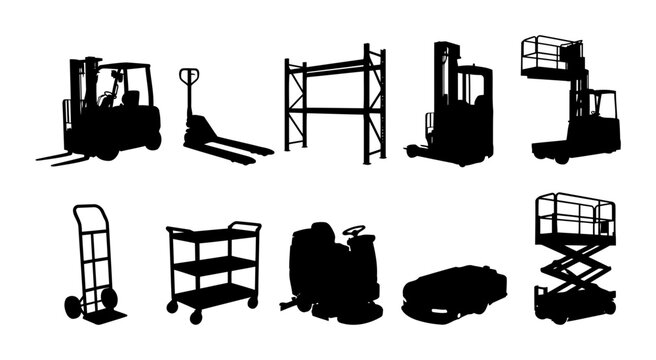 Collection of material handling silhouettes showing forklift pallet jack rack stacker boom lift hand truck trolley floor scrubber cart and scissor lift