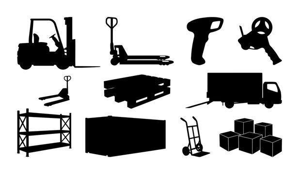 Collection of shipping and warehouse silhouettes featuring forklift pallet jack barcode scanner hand truck pallet box truck rack container and cartons