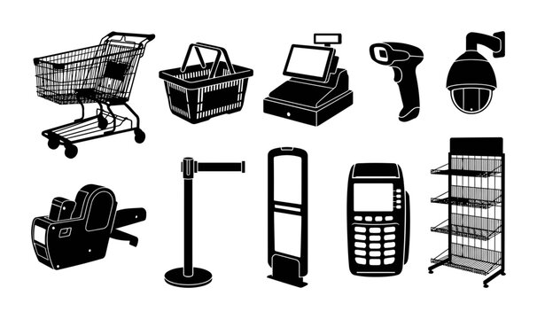 Collection of retail equipment silhouettes featuring shopping cart basket cash register barcode scanner security camera queue stand price tag POS terminal and display rack