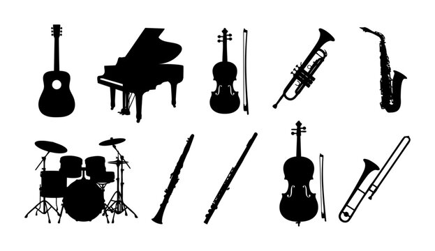 Collection of musical instrument silhouettes featuring acoustic guitar grand piano violin trumpet saxophone drum kit clarinet flute cello and trombone