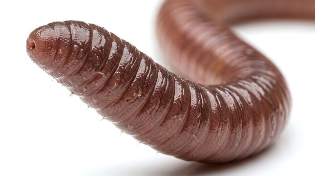 Close up of a brown earthworm on a white background.