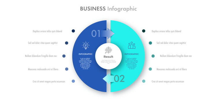 Business infographic circle chart circulation arrow Venn diagram template 2 parts or options for strategy, start up project, banner, presentation, theory basic operation, logic analysis