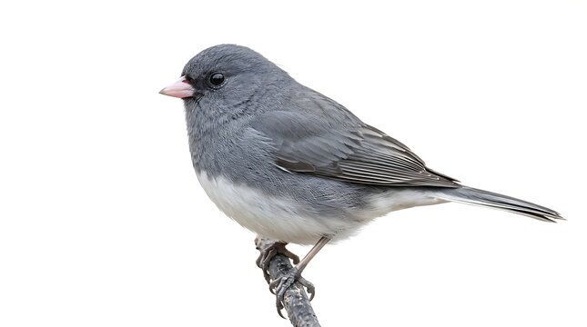 Dark-eyed Junco perched on a branch against a white background.