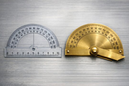 A golden protractor and ruler placed on a metallic surface, perfect for illustrations or presentations related to measurement, geometry, or education