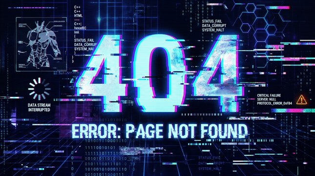 Abstract 404 Error Page Not Found Glitch Background with Binary Data Corruption System Failure and Cyber Technology Concept