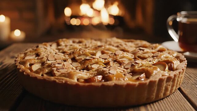 Warm Apple Pie with Almonds and Tea by Cozy Fireplace