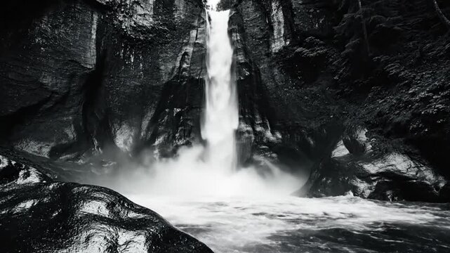 Black and white view of a powerful waterfall cascading down a rocky cliffside with nature sounds
