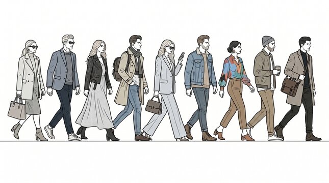 Architectural people/ character in elevation view - 2D- transparent png- walking men and women- Stylish and fashionable people