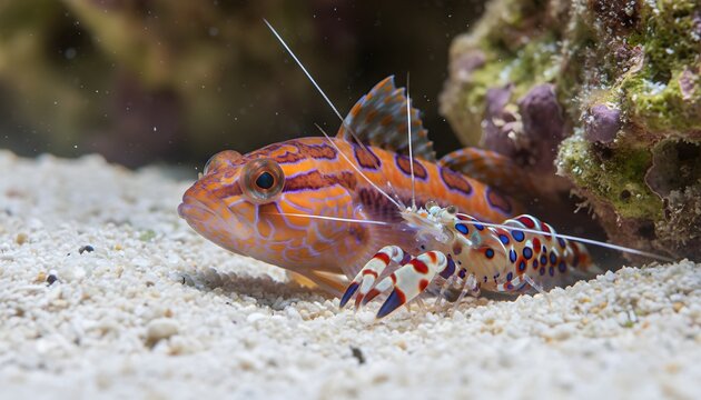 Vibrant orange goby fish and colorful pistol shrimp coexisting on sandy substrate in a marine tank, representing a natural symbiosis concept for marine biology