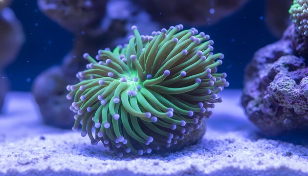Vibrant green torch coral gently swaying inside a saltwater marine tank, illustrating a thriving reef aquarium ecosystem concept with fluorescent details