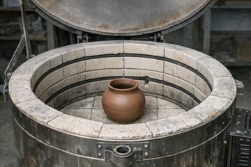 Fototapeta premium A clay pot sits inside a metal container, showcasing different textures and materials