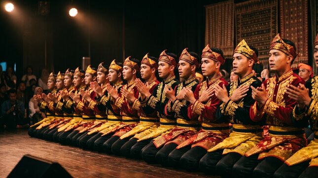 Traditional Male Dancers Performing Synchronized Movements Representing The Rich And Vibrant Indonesian Heritage Culture Performance
