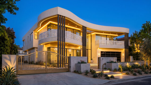 A contemporary dream home featuring a dramatic rounded front facade, intricate white decorative balcony panels, bold black vertical columns, cream-colored walls, ambient exterior lighting, elegant gol