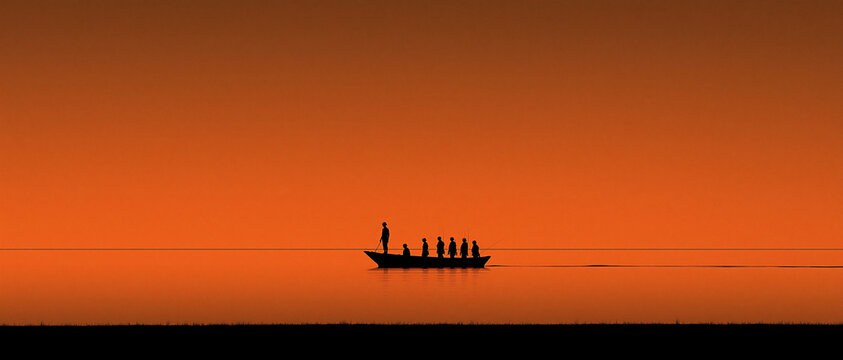 Silhouetted rowing crew at sunset on tranquil waters serene lake landscape photography calm environment perspective of harmony