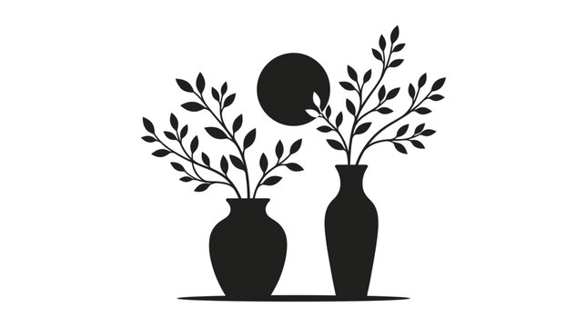 Vases with foliage and circular element black silhouette on white background