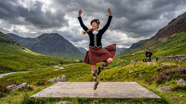 Scottish Highland dancer in traditional attire performs on a stone platform