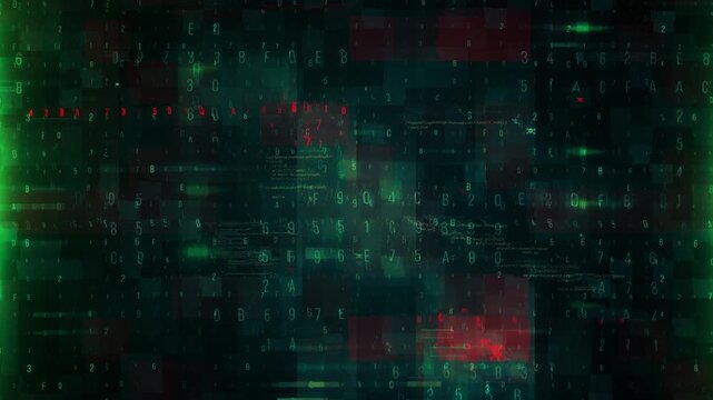 Abstract digital glitch background with dark green and red flickering data stream.