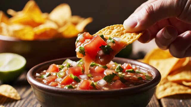 Delicious fresh pico de gallo and crispy corn tortilla chips are being enjoyed with a hand dipping a chip into the flavorful tomato salsa, perfect for parties and snacking occasions