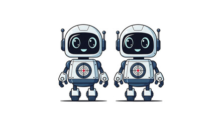 Fototapeta premium Black and white of two cartoon robots with circular heads and mechanical arms