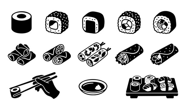 Sushi Spring Rolls Asian Wraps Icon Set Featuring Maki Gimbap Chopsticks Soy Sauce And Platter Black Silhouette Vector Graphic Templates