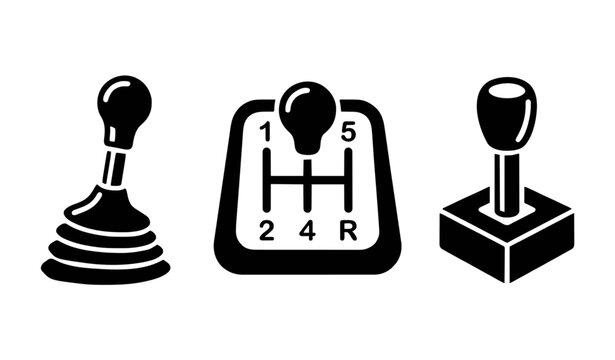 Car Gear Shifters Icon Set Featuring Manual Transmission Stick Shift Knobs and Gearbox Pattern Vector Silhouette Graphic Templates
