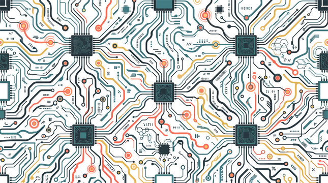 Seamless pattern of a digital circuit board with microchips and electronic components