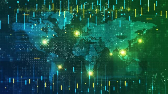 Abstract Digital World Map Technology Background with Data Streams.