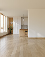 Blank, modern living space and kitchen area with natural light. Minimalist design ready for home staging, furnishing, or adding text. 3d Rendering © leymandesign