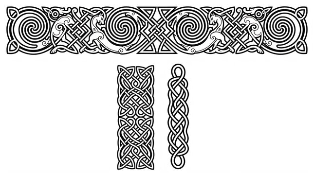 A collection of intricate black and white vector illustrations showcasing traditional Celtic knotwork patterns and stylized zoomorphic creatures rendered in a classic interlacing artistic style