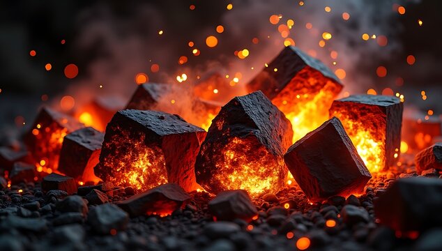 Glowing Hot Coal Embers with Flying Sparks and Intense Fire Heat Industrial Background