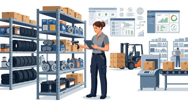 Warehouse worker with tablet checks inventory on shelving unit