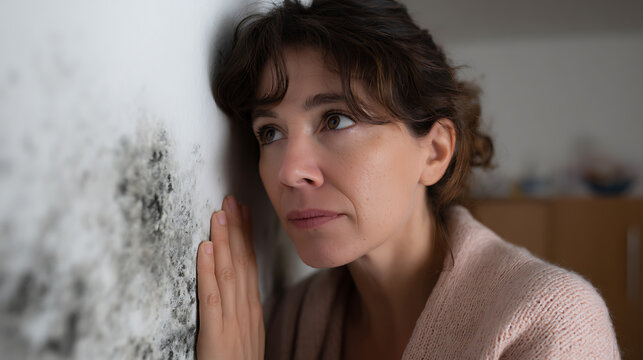 Concerned woman observes unsightly mold growth on an interior wall, highlighting issues with household deterioration and potential health hazards