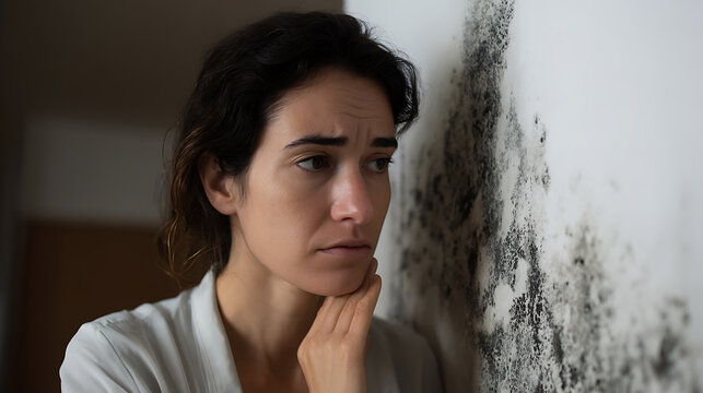 Concerned woman observes extensive black harmful growth on apartment wall, highlighting issues with moisture, decay, and property damage